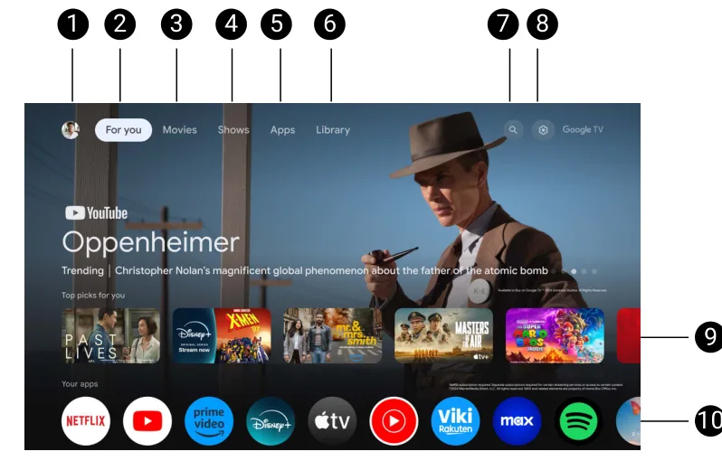 BenQ GV50 공식 설명서의 Google TV 홈 Apps 탭과 Netflix 앱 화면