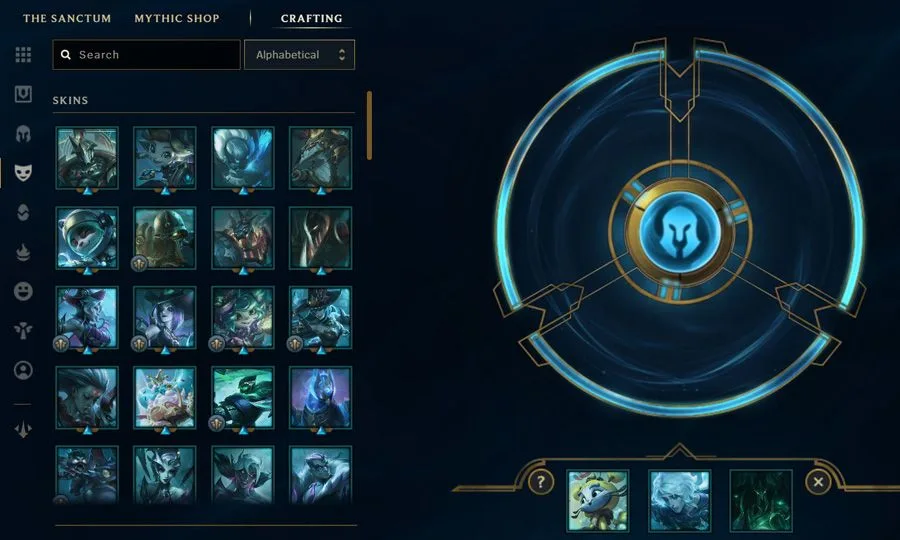Riot 공식 Skins101의 실제 LoL CRAFTING 스킨 파편 목록과 세 항목 재조합 화면