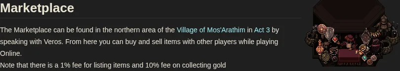 Official Hero Siege Wiki Marketplace entry with item trading location and listing and collection fees