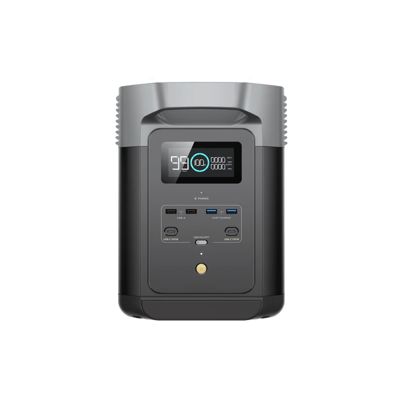 EcoFlow DELTA 2 전면의 표시창과 전원 버튼
