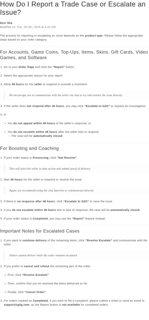 G2G Items 주문의 Report와 판매자 응답 48시간, Escalate to G2G 안내