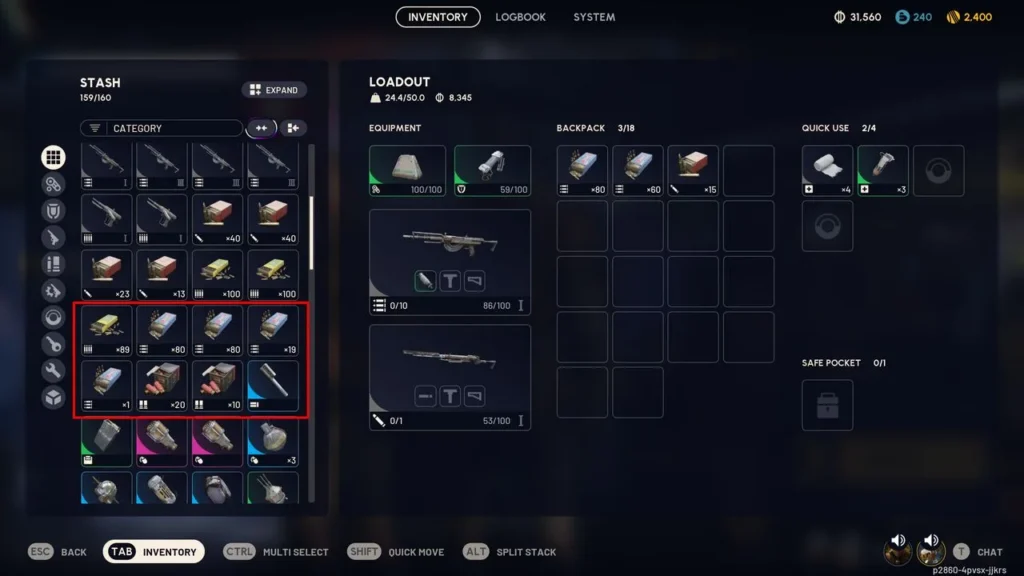 Actual ARC Raiders Inventory with Stash, Loadout, Backpack, Quick Use and Safe Pocket