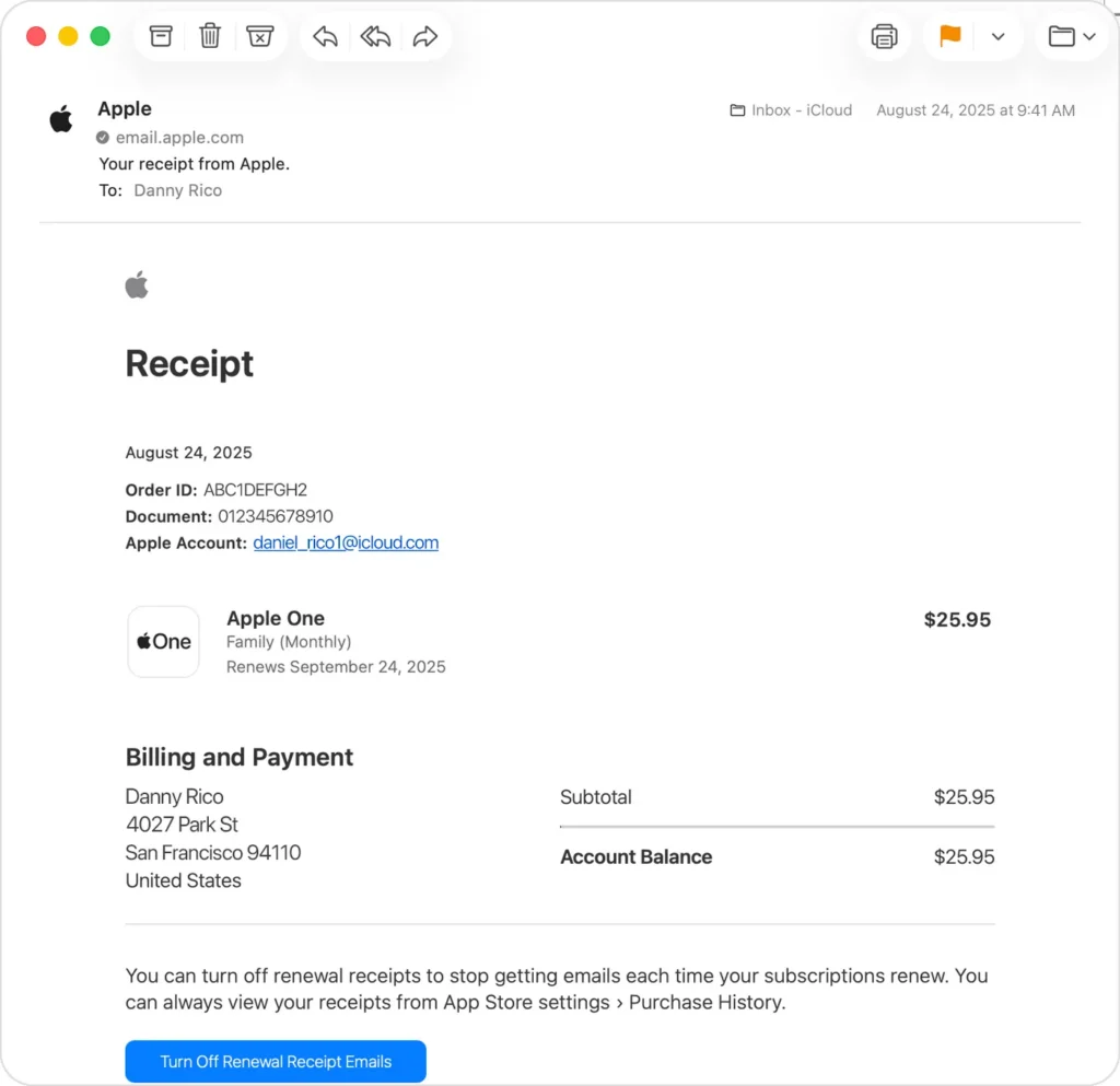 Apple One 구입 영수증의 주문번호 계정 결제일