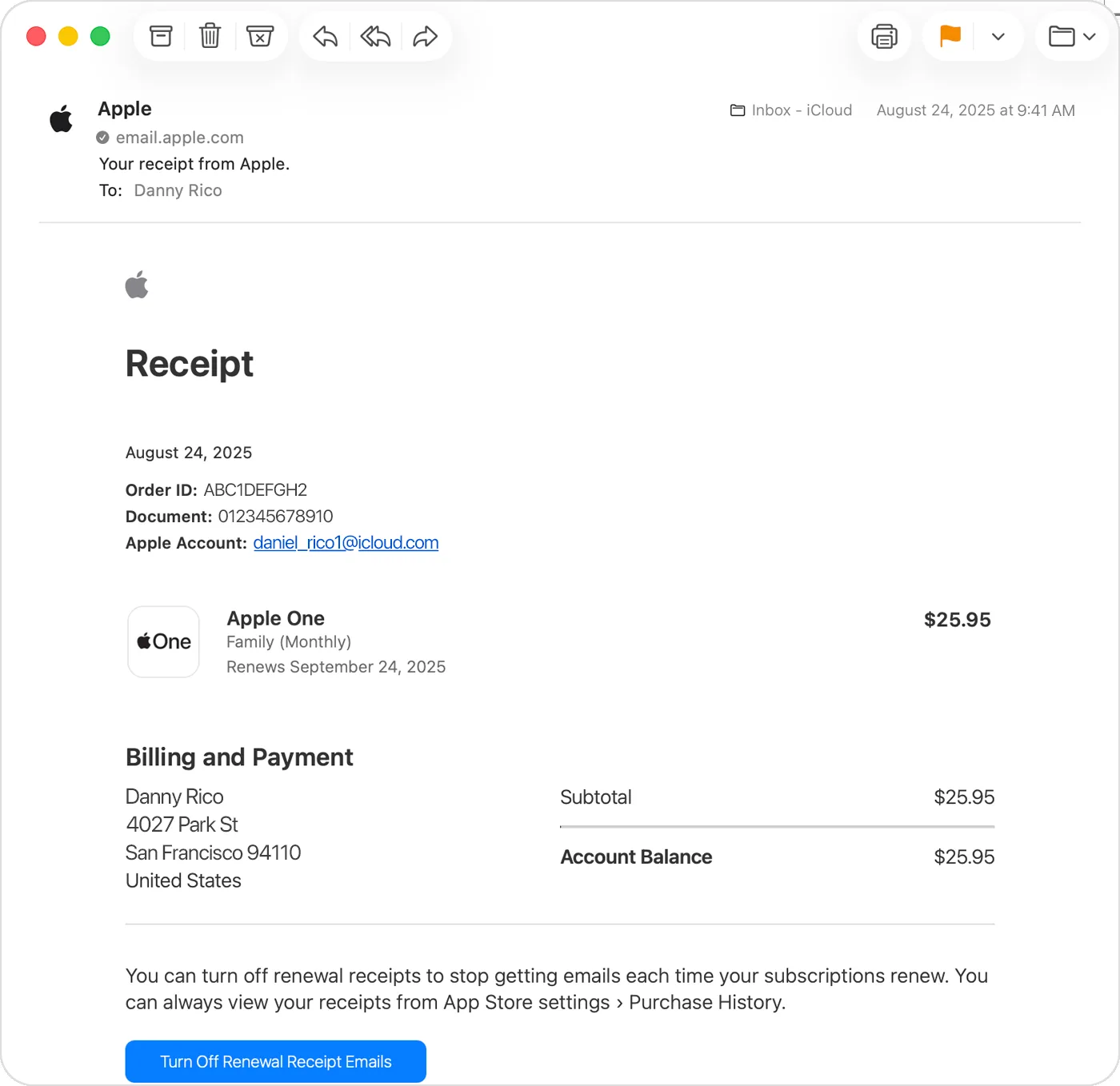 Apple One 구입 영수증의 주문번호 계정 결제일