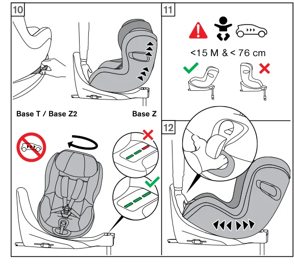 CYBEX Sirona T i-Size 승하차 회전·후방보기와 전방보기 제한 공식 도해