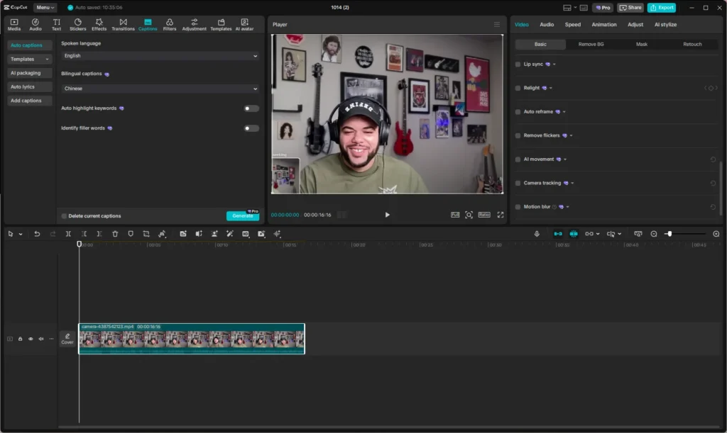 CapCut desktop editor showing auto-caption controls, a talking-head preview and a video timeline