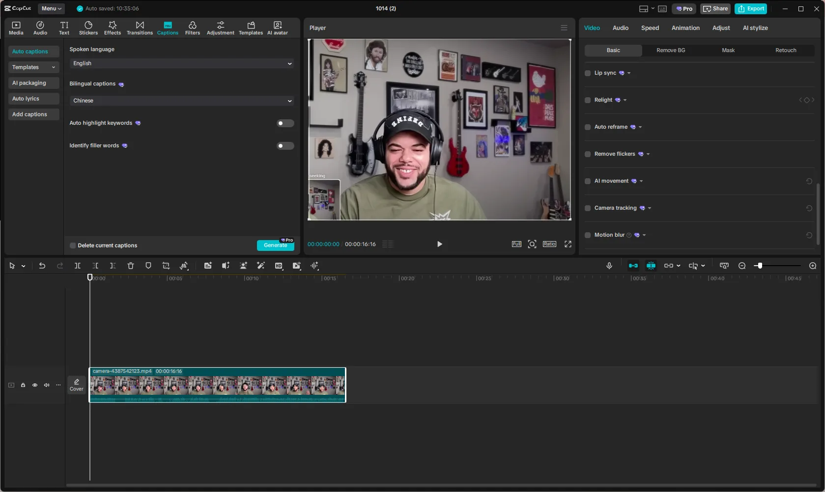 CapCut desktop editor showing auto-caption controls, a talking-head preview and a video timeline