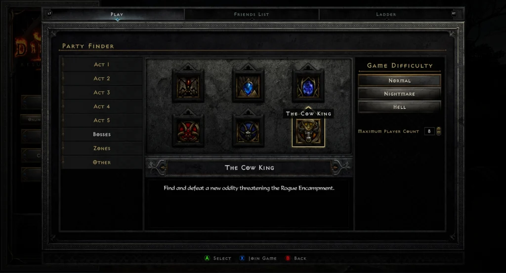 Diablo II Resurrected console Party Finder in Blizzard’s public console guide