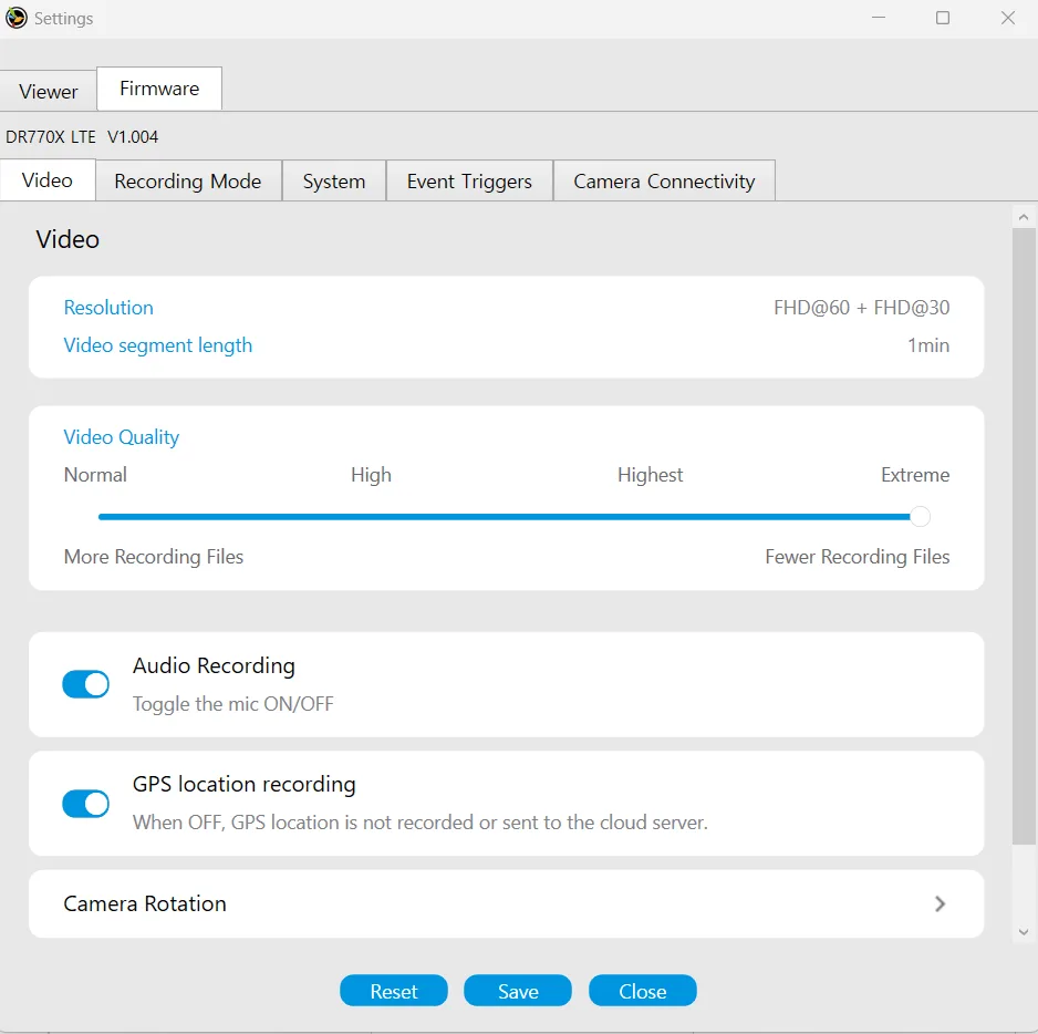BlackVue 공식 Viewer의 녹화 해상도·화질 설정 화면