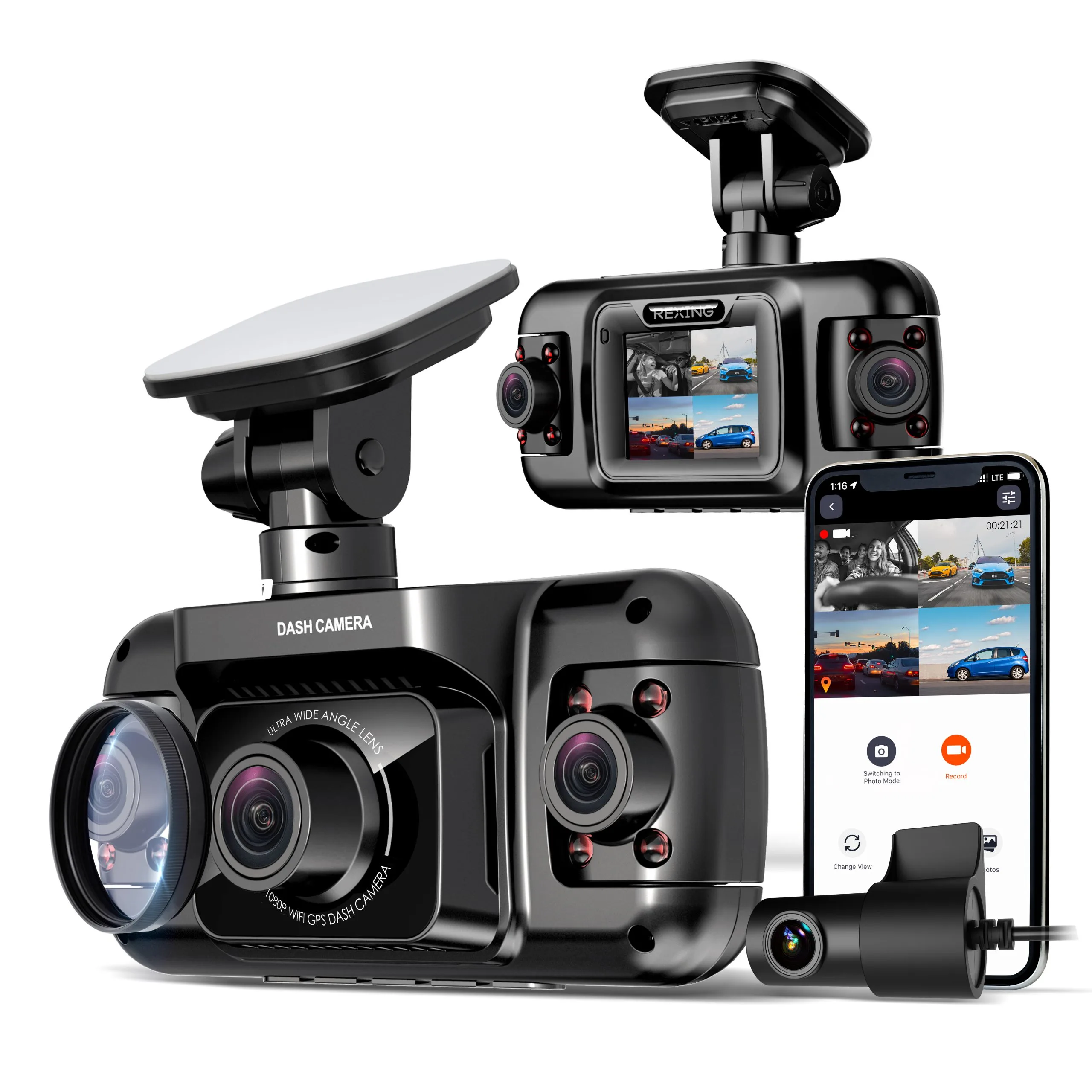 Rexing R4 본체·후방 카메라와 4분할 앱 화면
