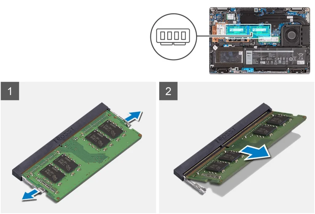 Dell Latitude 5531의 SO-DIMM 슬롯과 메모리 모듈 분리 그림