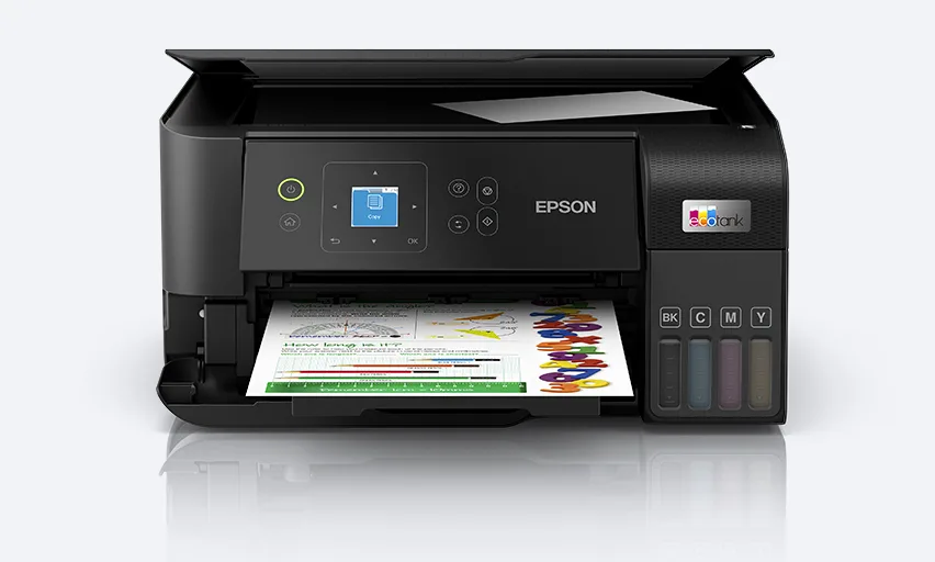Epson L3560 복합기의 전면과 조작 패널, 오른쪽 잉크탱크