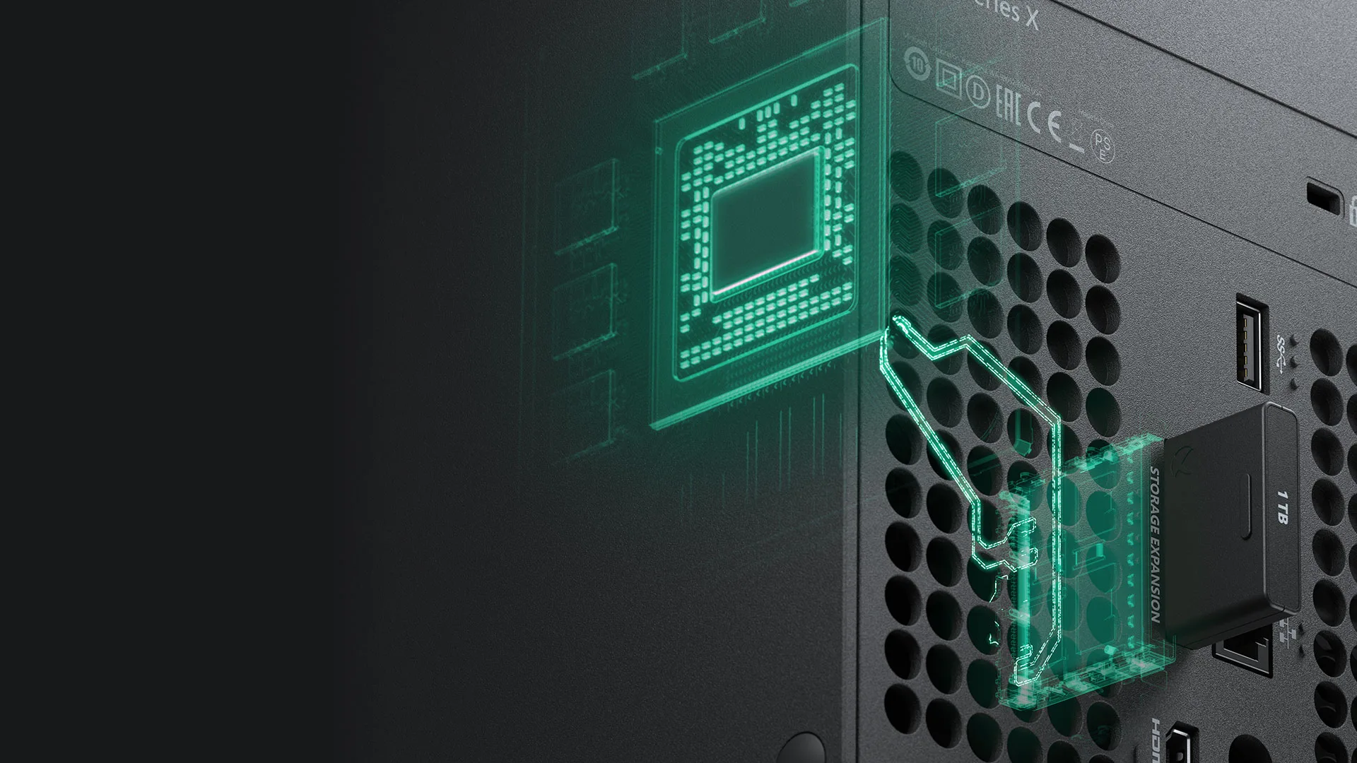 Xbox Series X 제조사 렌더: 후면 Storage Expansion Card 장착 위치