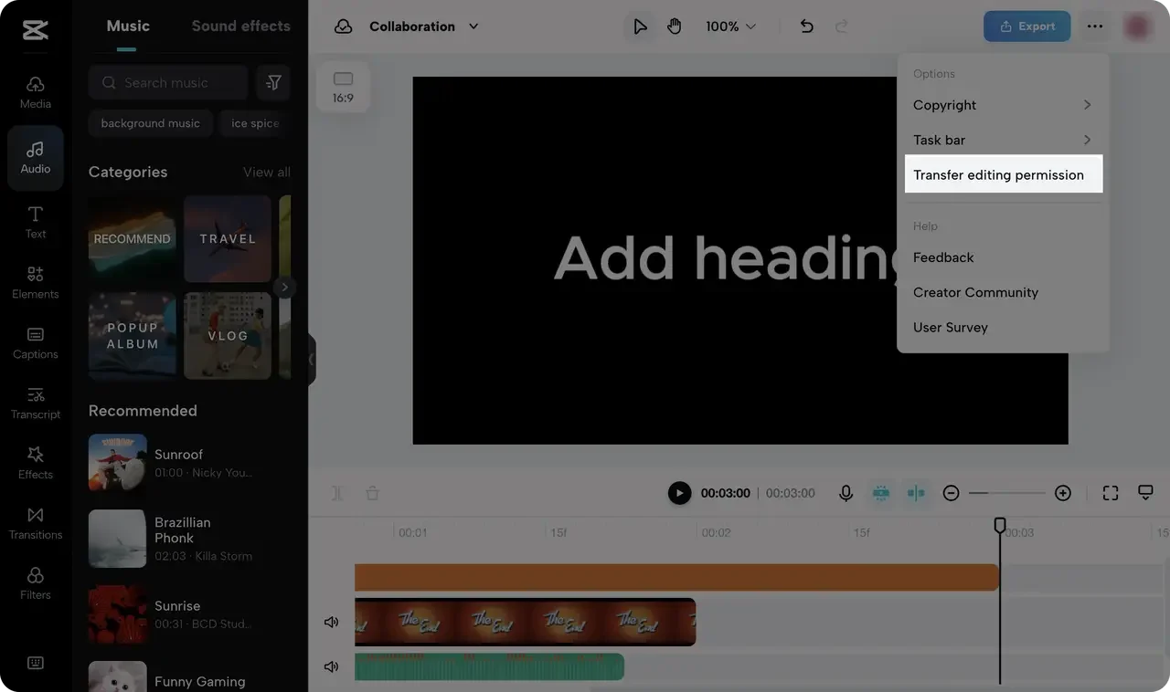 CapCut official web editor showing Transfer editing permission in the menu