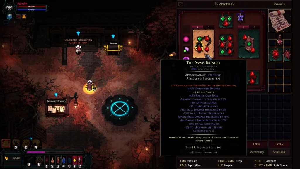 Hero Siege publisher inventory UI showing gold balance at lower left and items at right