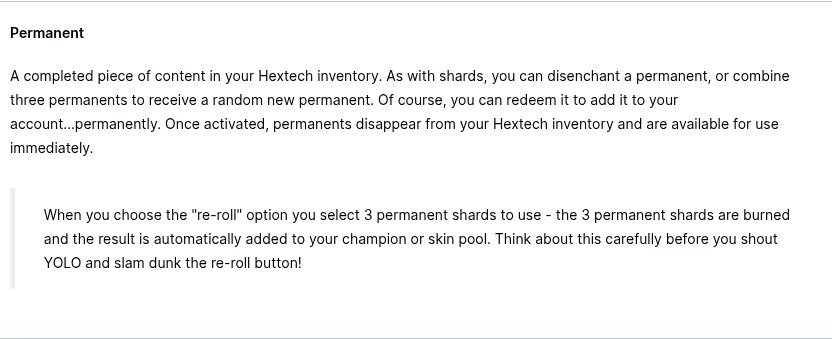 Riot Hextech Crafting Permanent definition and redemption actions