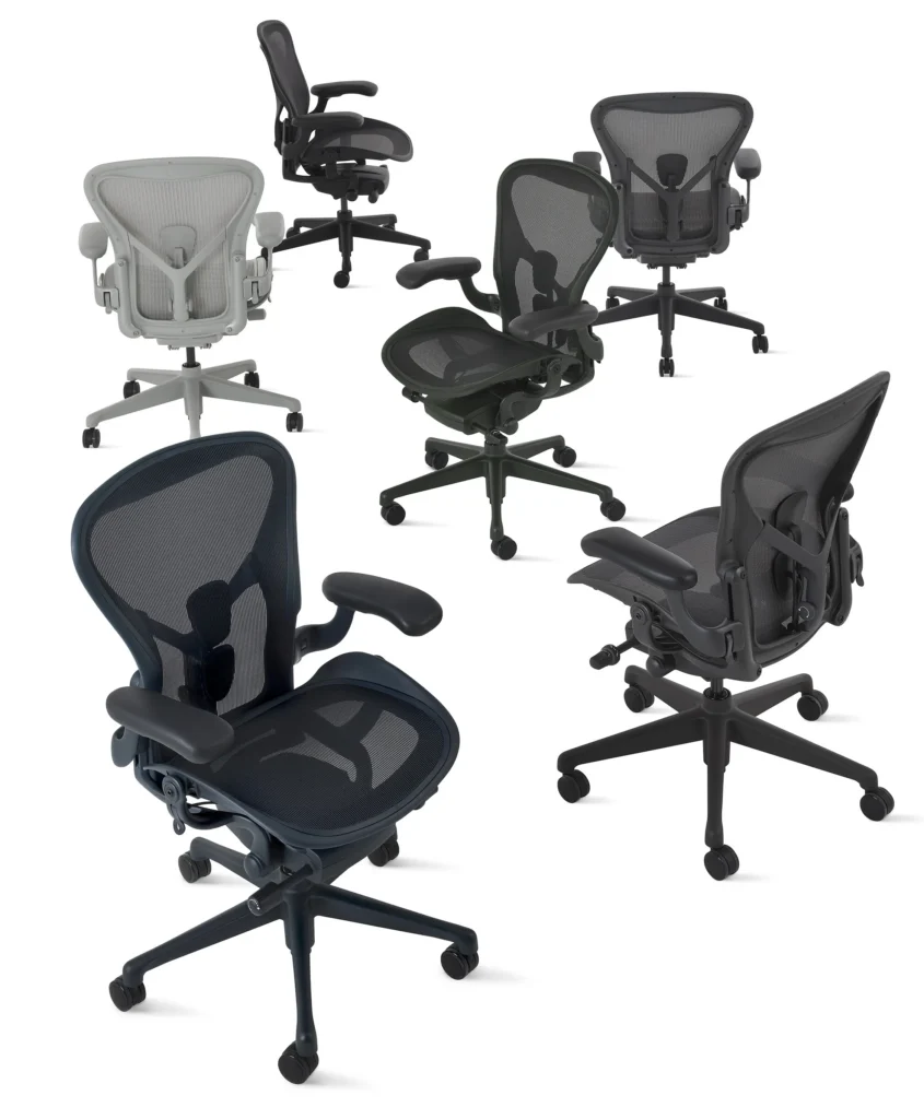 Herman Miller Aeron의 메쉬 좌판이 보이는 제조사 제품 사진