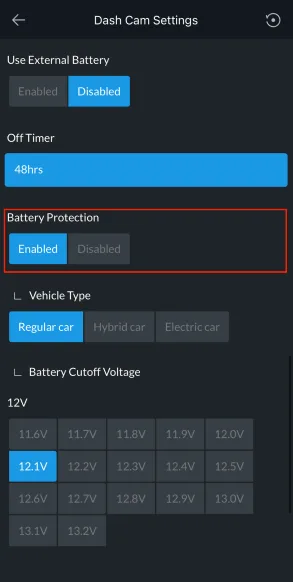 THINKWARE 앱의 배터리 보호, 차단 전압과 종료 타이머