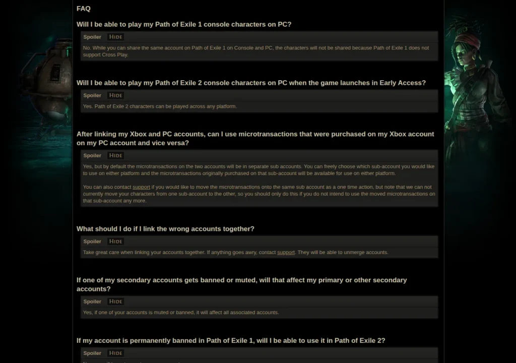 GGG FAQ explaining that PoE 1 console characters are not shared with PC while PoE 2 characters are