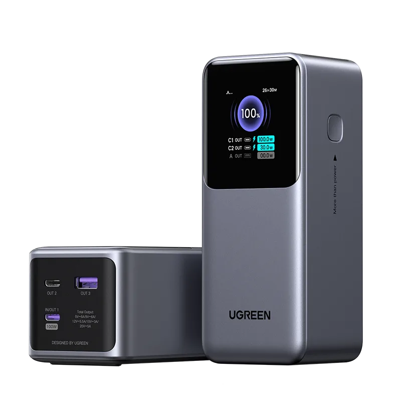 UGREEN Nexode 130W 보조배터리의 C1·C2·USB-A 포트와 100W·30W 출력 표시 화면