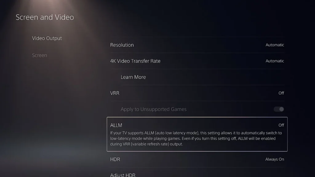 PS5 Screen and Video 메뉴의 VRR·ALLM·HDR 설정