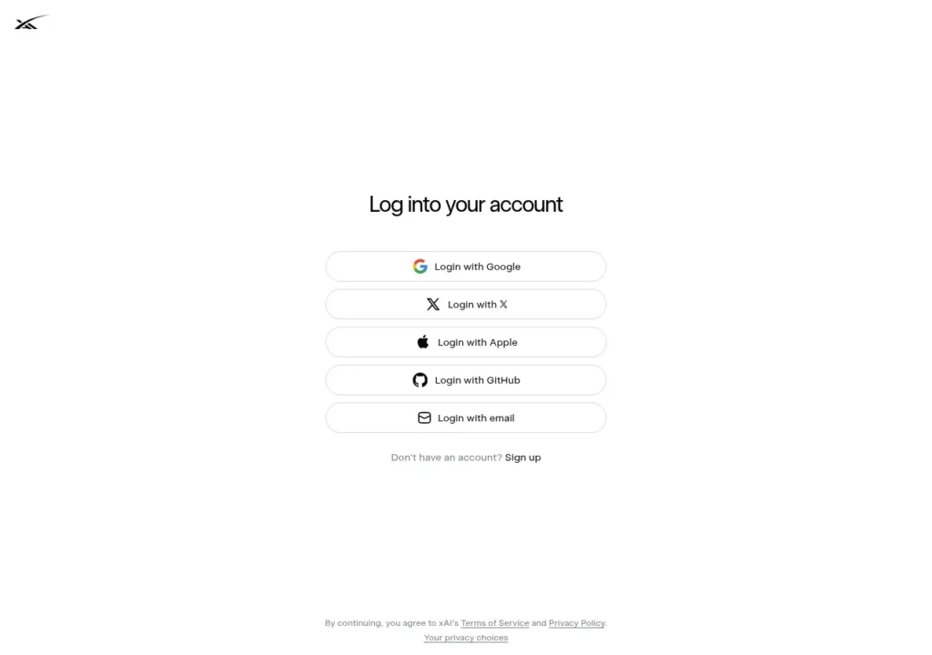 xAI login choices for Google X Apple GitHub and email