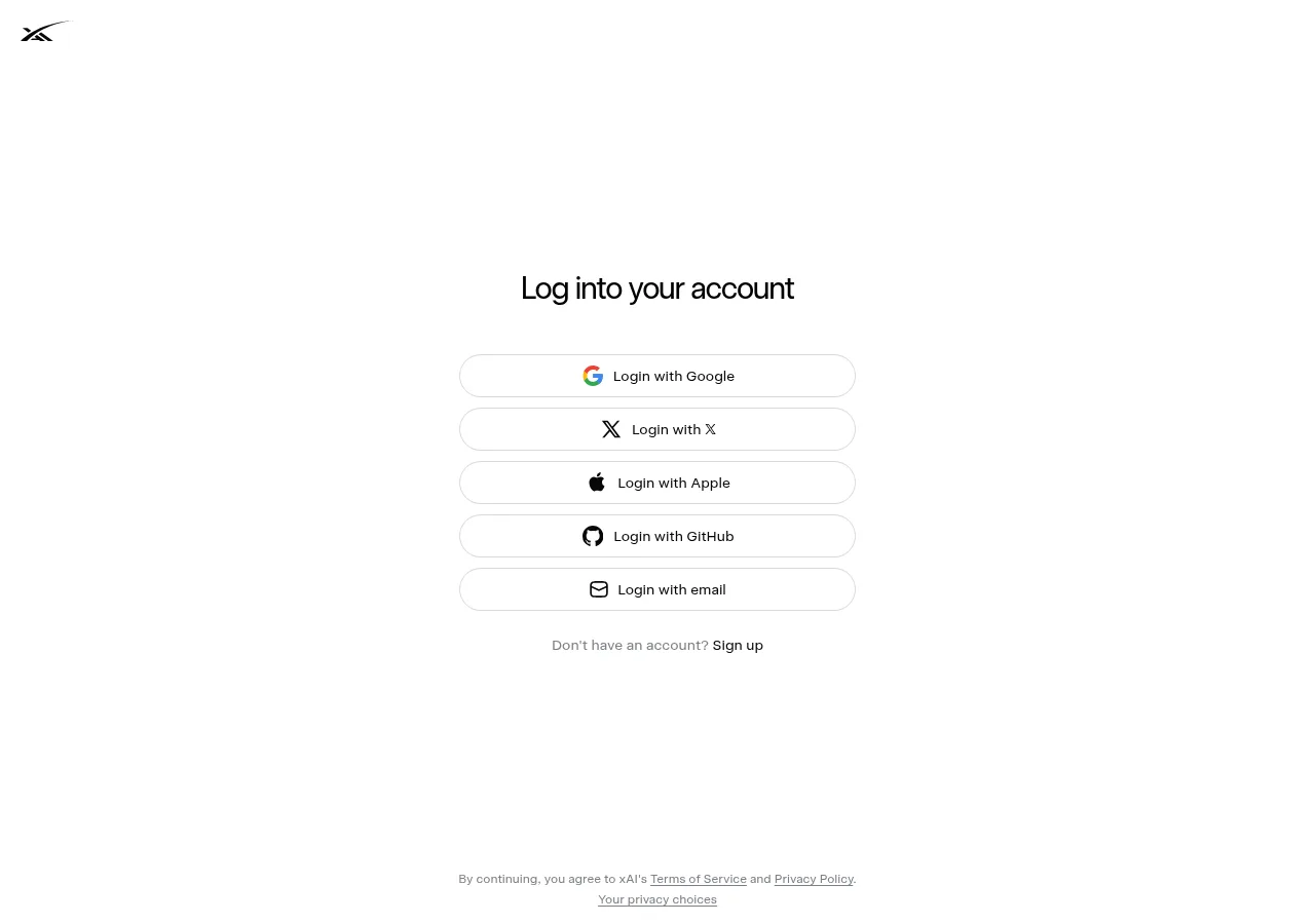 xAI login choices for Google X Apple GitHub and email