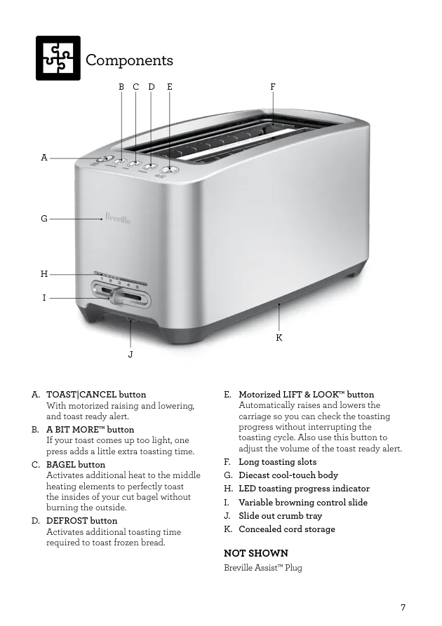 Breville BTA830XL의 전면 빵가루받침과 조작부 위치