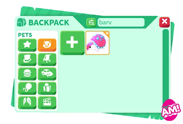 Adopt Me 실제 Backpack의Pets카테고리·검색창·필터버튼