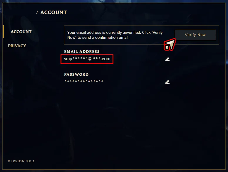 Riot account email address and Verify Now button