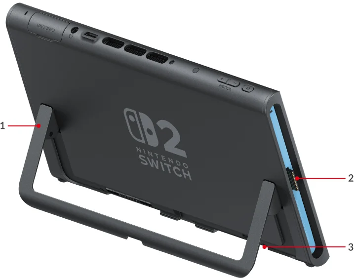 Nintendo Switch 2 뒷면 스탠드와 microSD Express 카드 슬롯 위치를 보여 주는 공식 도해