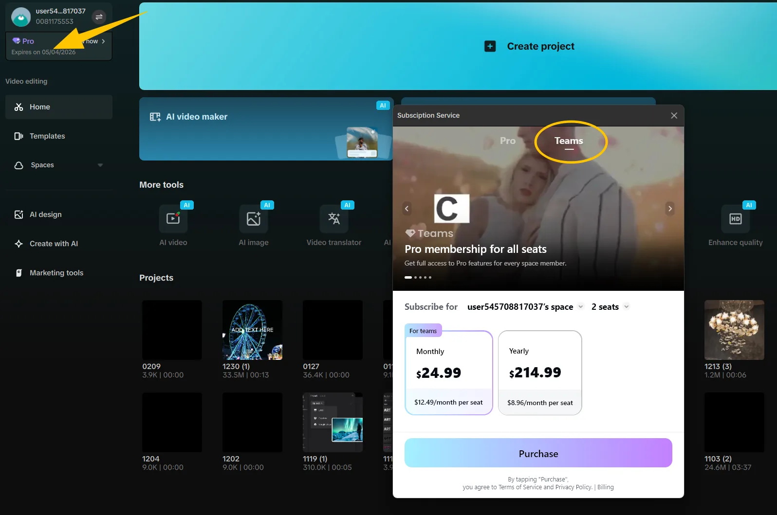 CapCut Desktop Teams subscription and seat selector