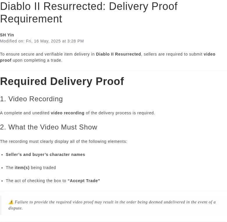G2G D2R proof requirement naming character names, items and Accept Trade