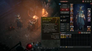 Blizzard 2026 Diablo IV Ancestral Rare staff tooltip showing a Greater Affix, item power and required level
