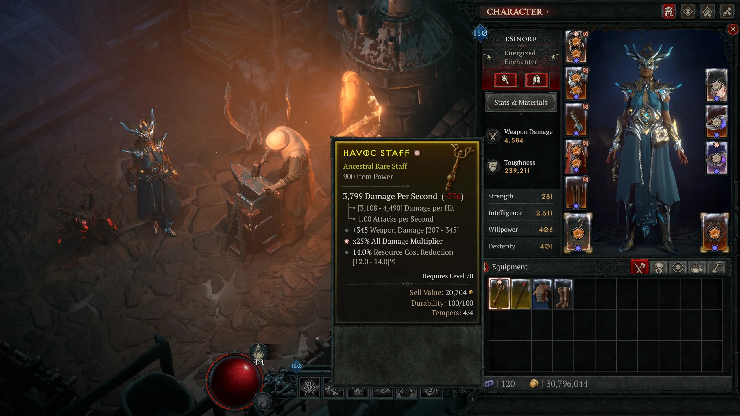 Blizzard 2026 Diablo IV Ancestral Rare staff tooltip showing a Greater Affix, item power and required level