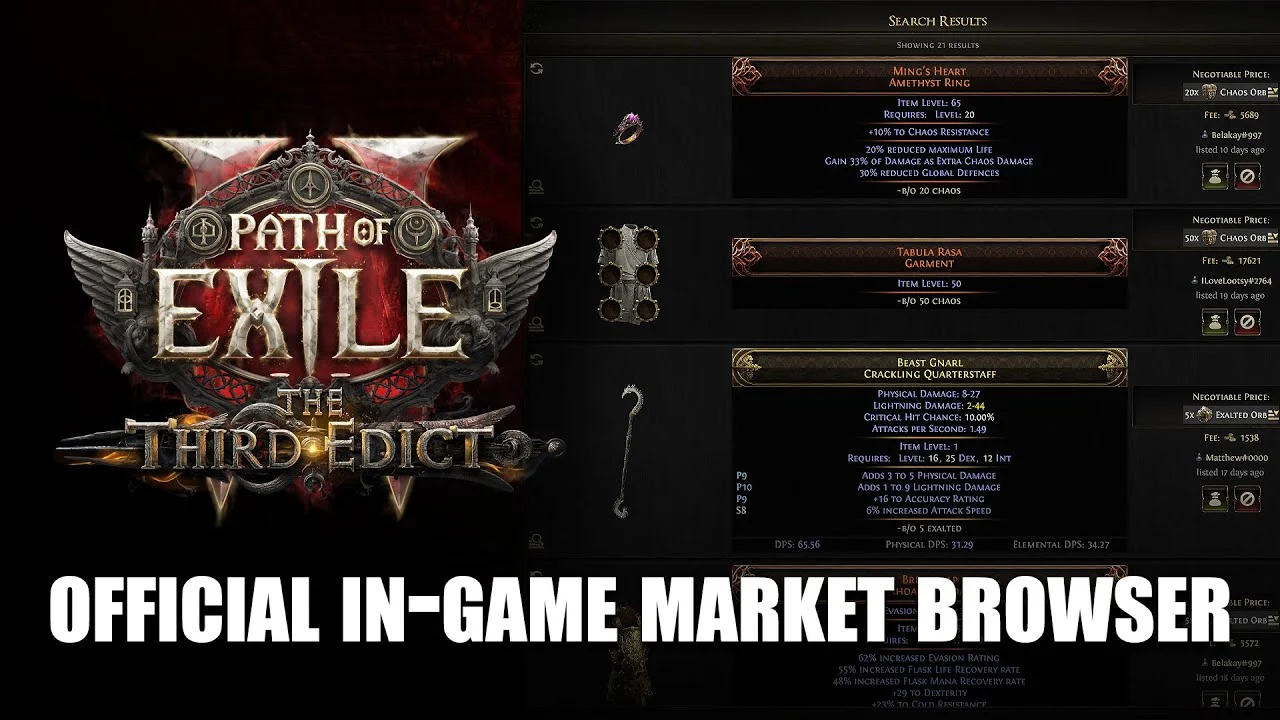 GGG official PoE2 in-game equipment market video thumbnail with separate currency prices and Gold fees