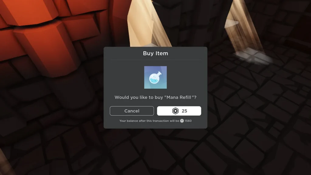 Roblox Mana Refill 아이템 구매 확인창
