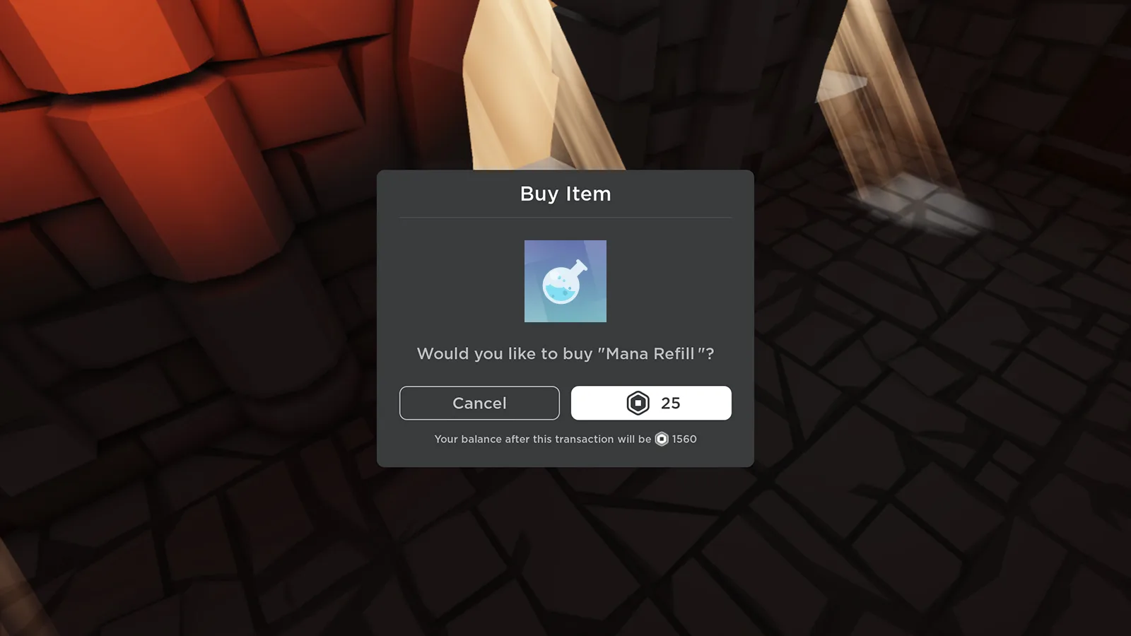 Roblox Mana Refill 아이템 구매 확인창