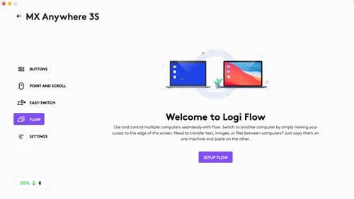 MX Anywhere 3S의 Options+ Flow 메뉴와 SETUP FLOW 버튼