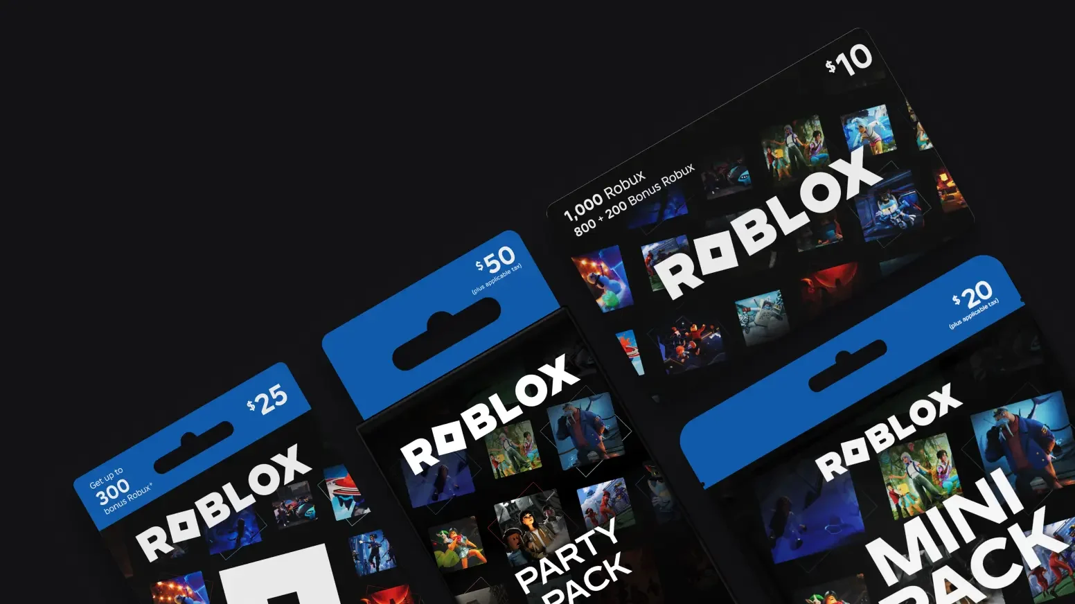 Roblox gift cards and Robux Party and Mini Packs in Roblox’s product illustration