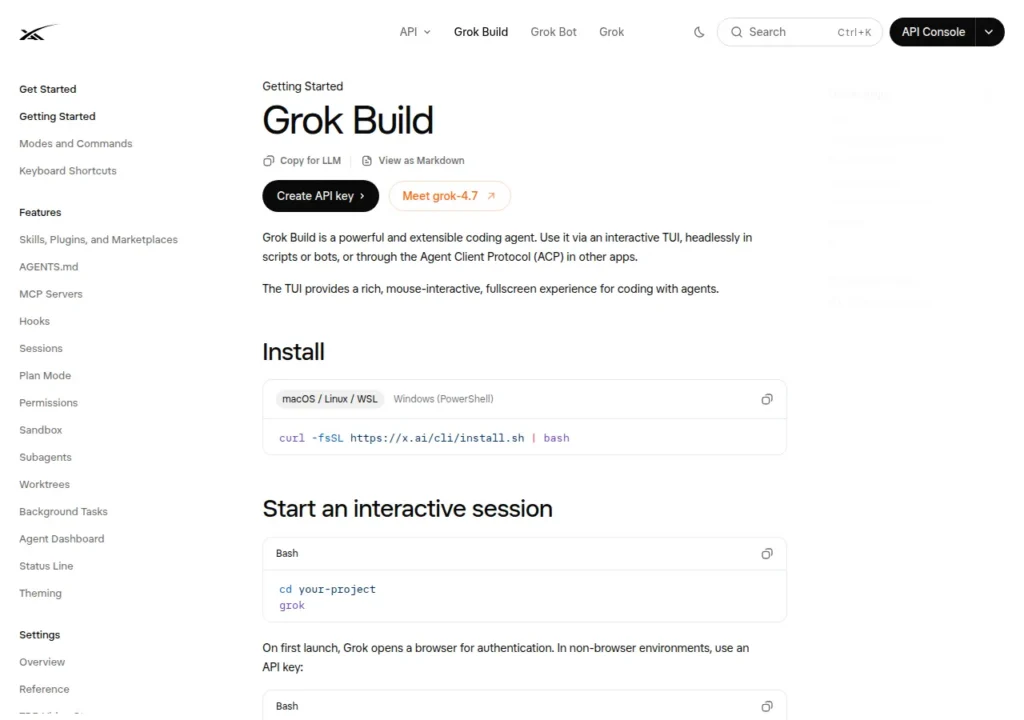 Grok Build documentation showing interactive and headless project commands