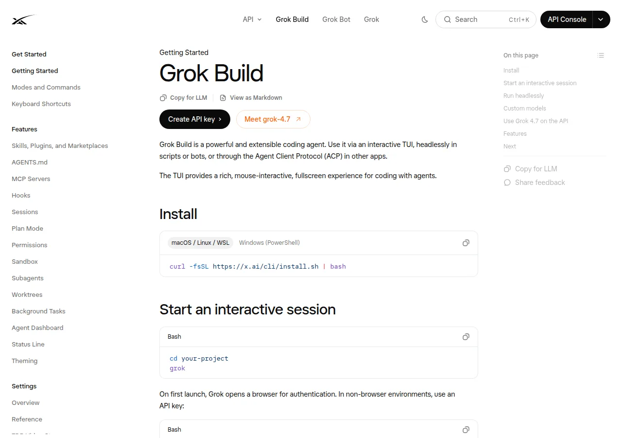 Grok Build 시작 문서에서 프로젝트 폴더로 이동하고 grok를 실행하는 코드