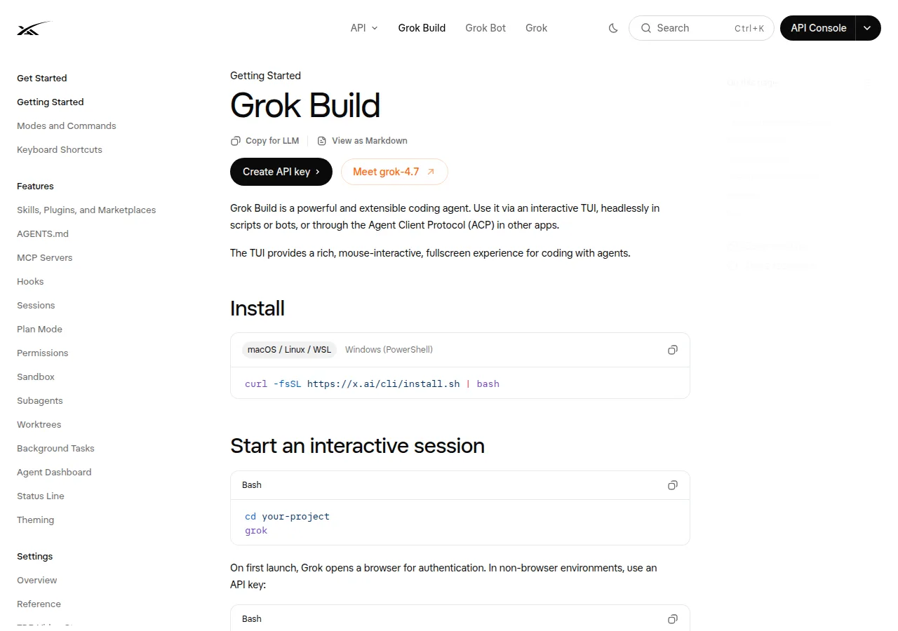 Grok Build documentation showing interactive and headless project commands