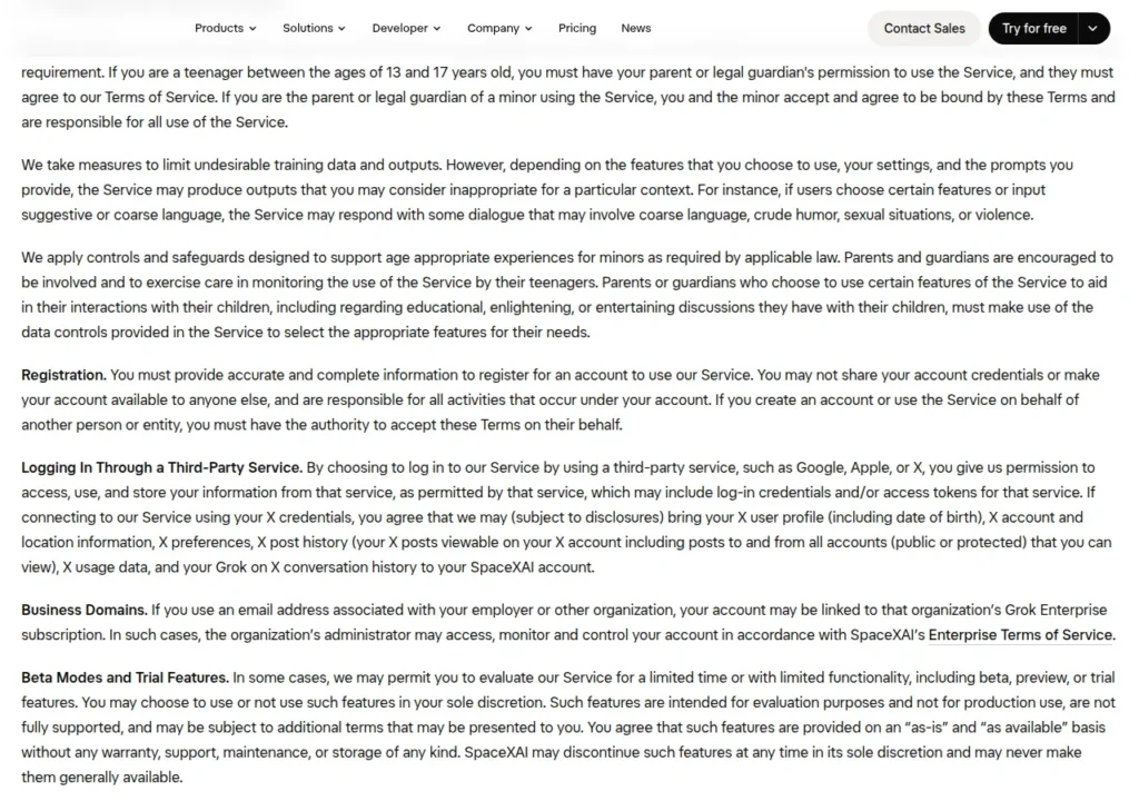 xAI consumer terms explaining account credential restrictions
