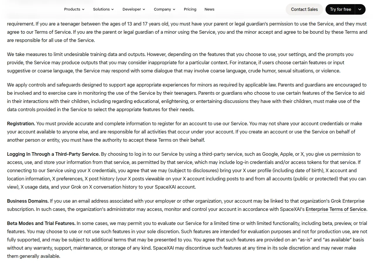 xAI consumer terms explaining account credential restrictions
