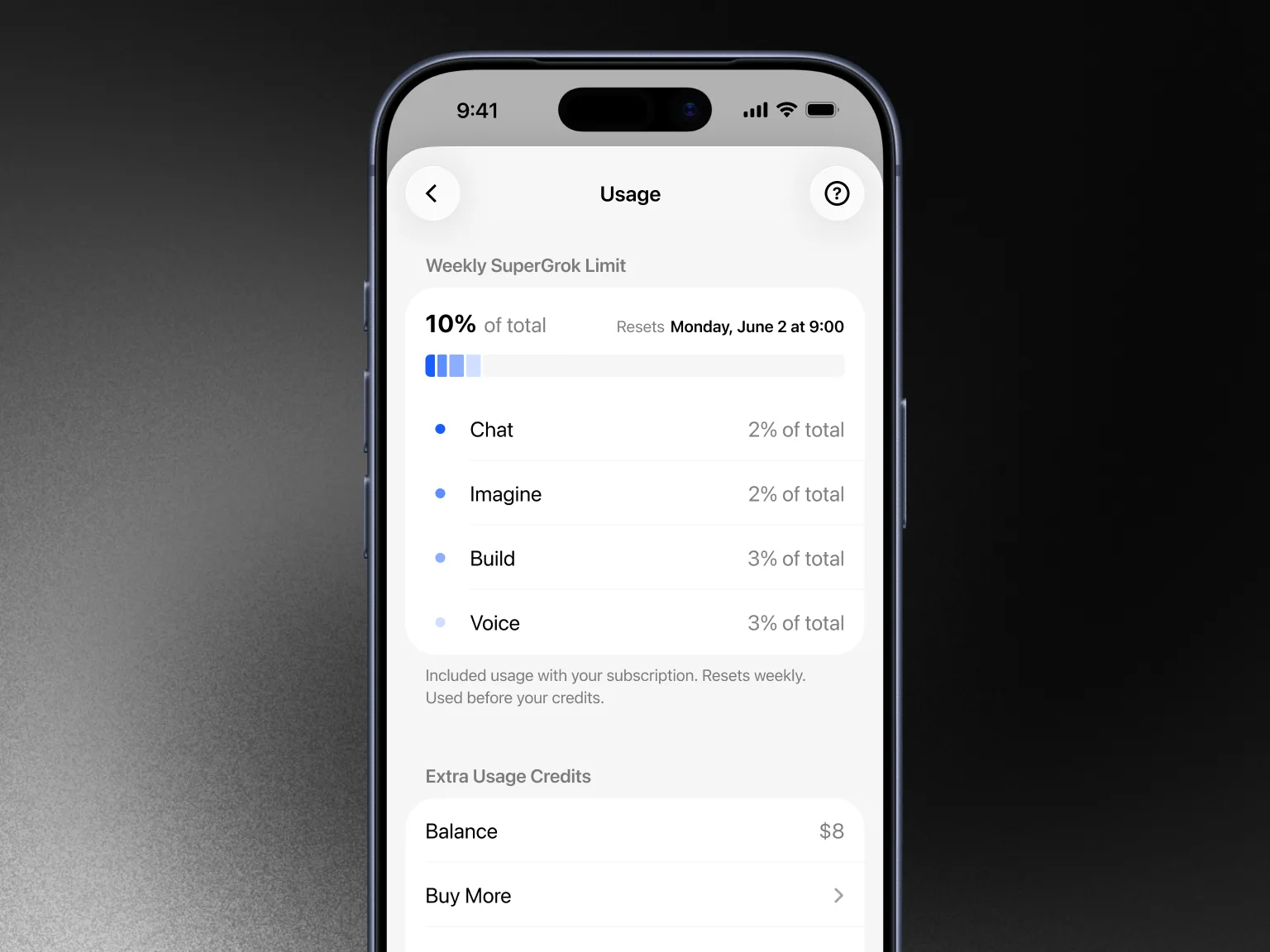 Grok weekly Usage screen separating Chat, Imagine, Build and Voice
