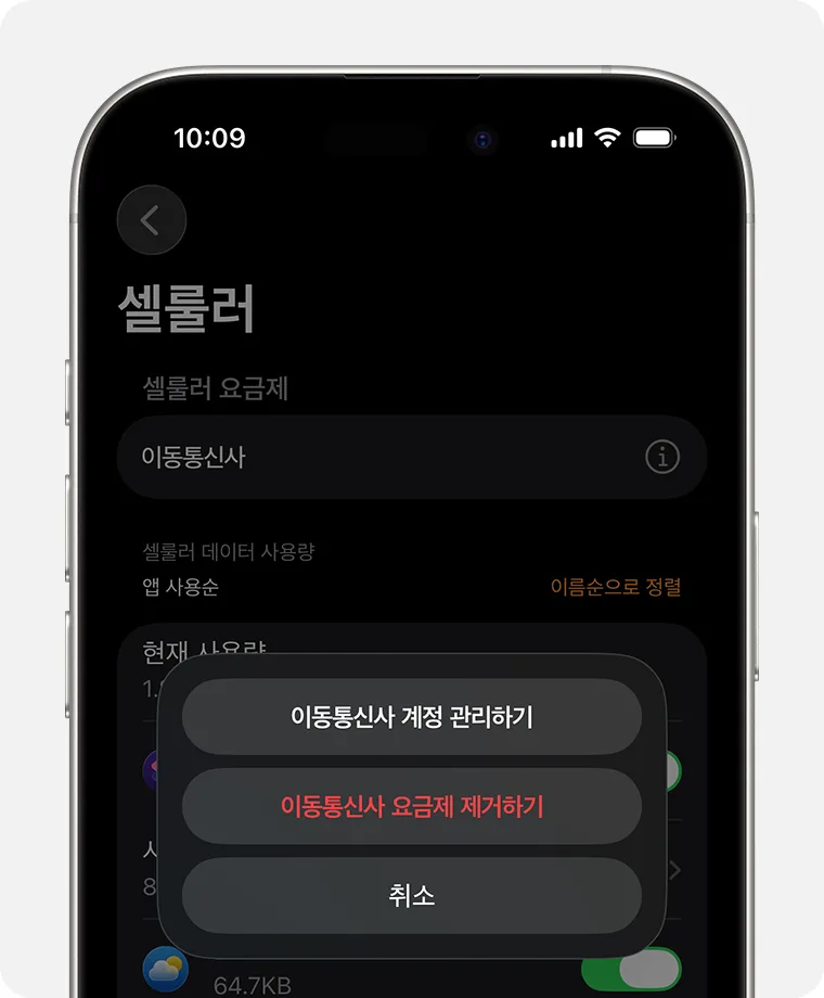 iPhone Watch 앱의 셀룰러 요금제 및 이동통신사 계정 메뉴