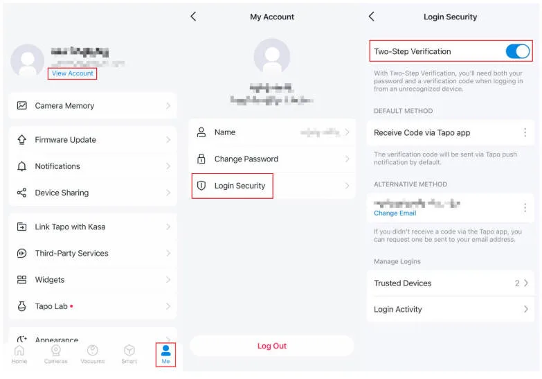 Tapo 앱 계정에서 Login Security와 Two-Step Verification을 찾는 지원 문서 화면