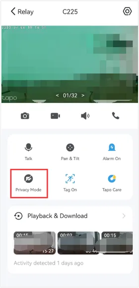 Tapo C225 앱 화면의 Privacy Mode 버튼 위치