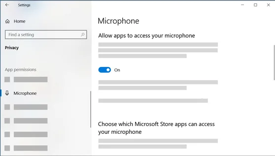 Windows 마이크 개인정보 설정의 Allow apps to access your microphone 스위치